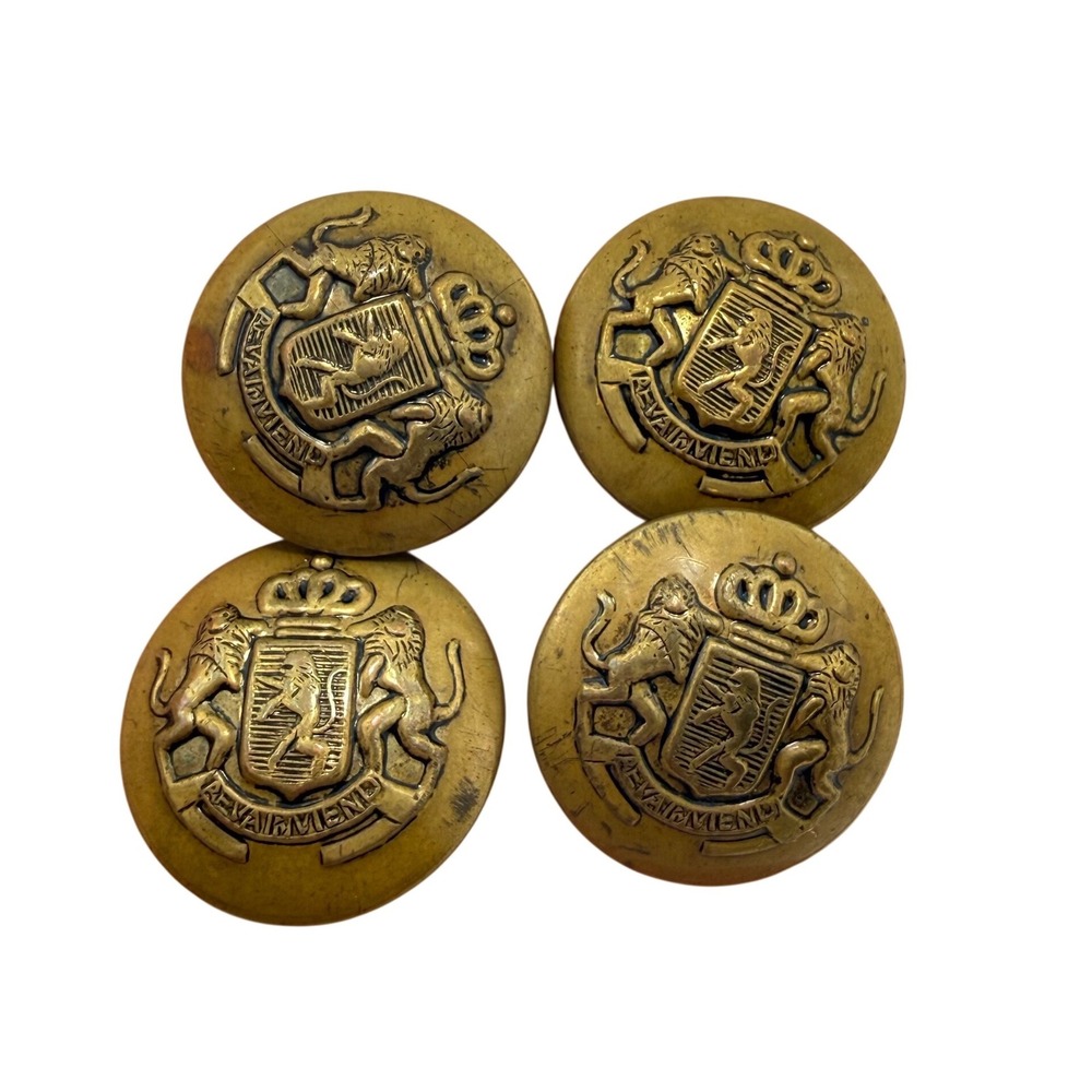 Vintage Heraldic Lion Crest Metal Blazer Buttons Brass Gold Tone Set of 4